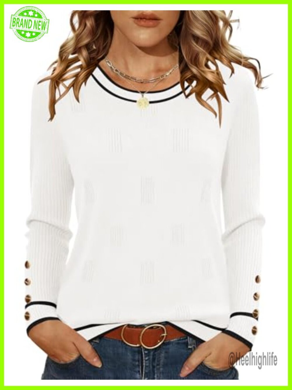 Womens Long Sleeve Crew Neck Lightweight Knit Pullover Sweater with Decorative